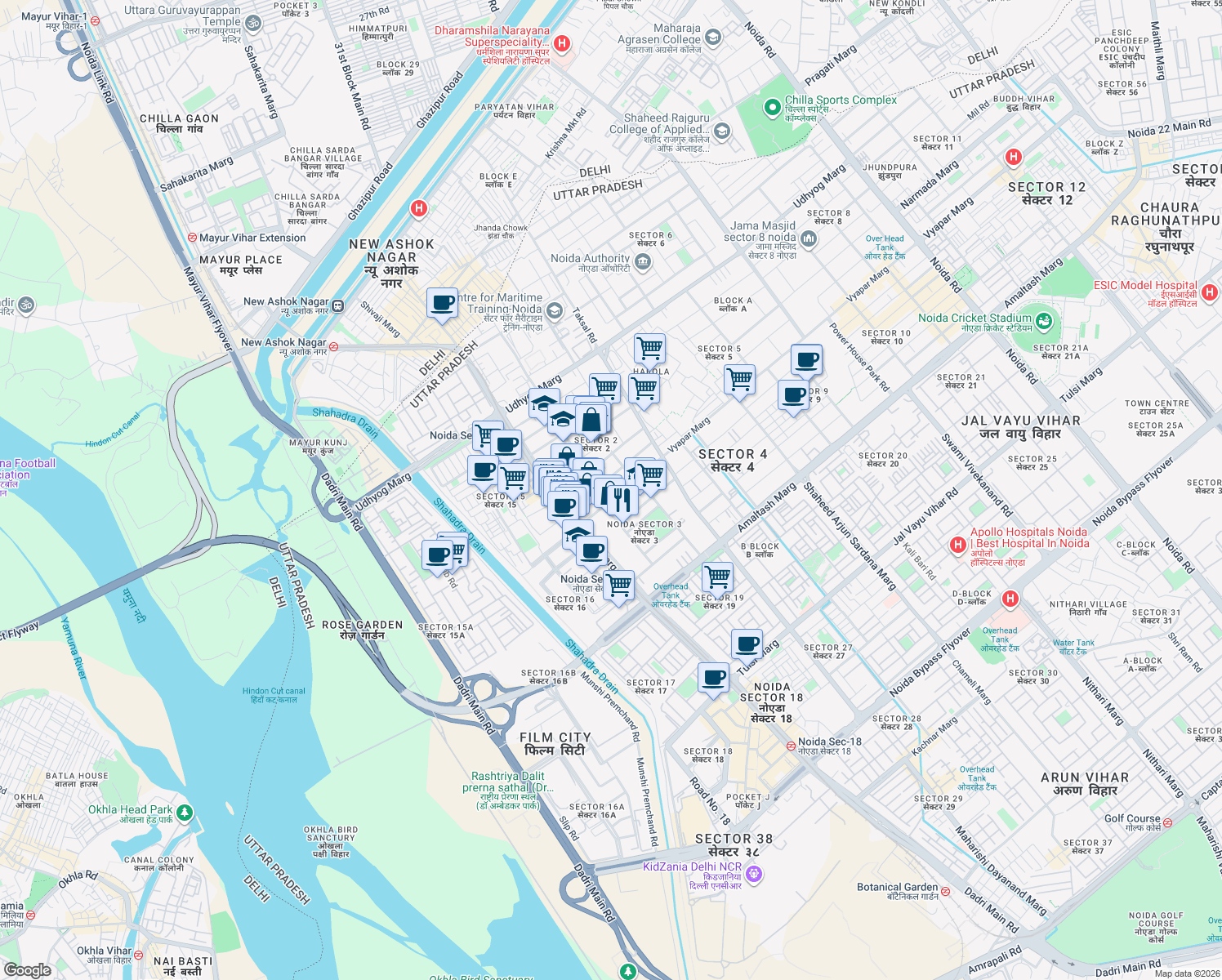 map of restaurants, bars, coffee shops, grocery stores, and more near in Noida