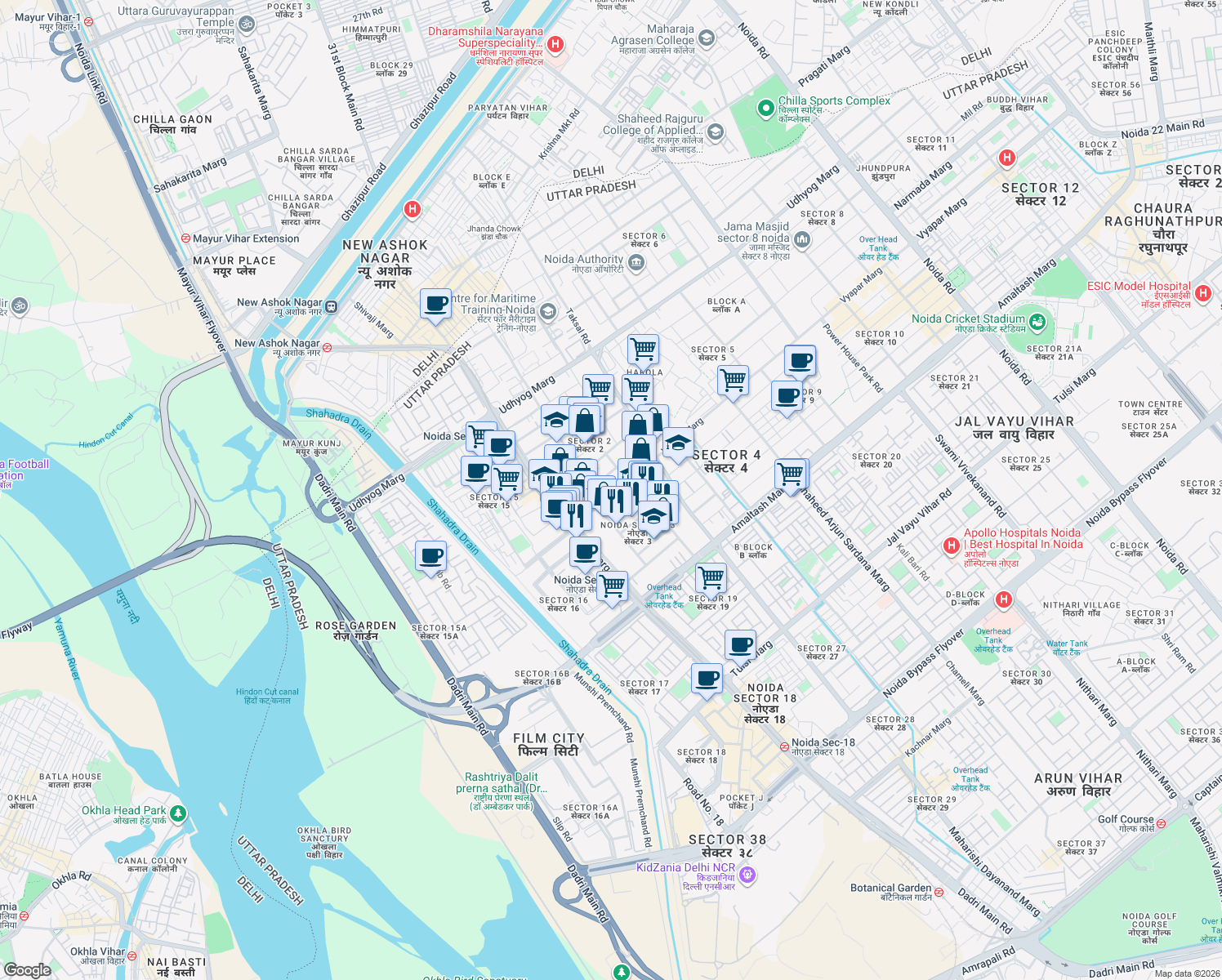 map of restaurants, bars, coffee shops, grocery stores, and more near in Noida