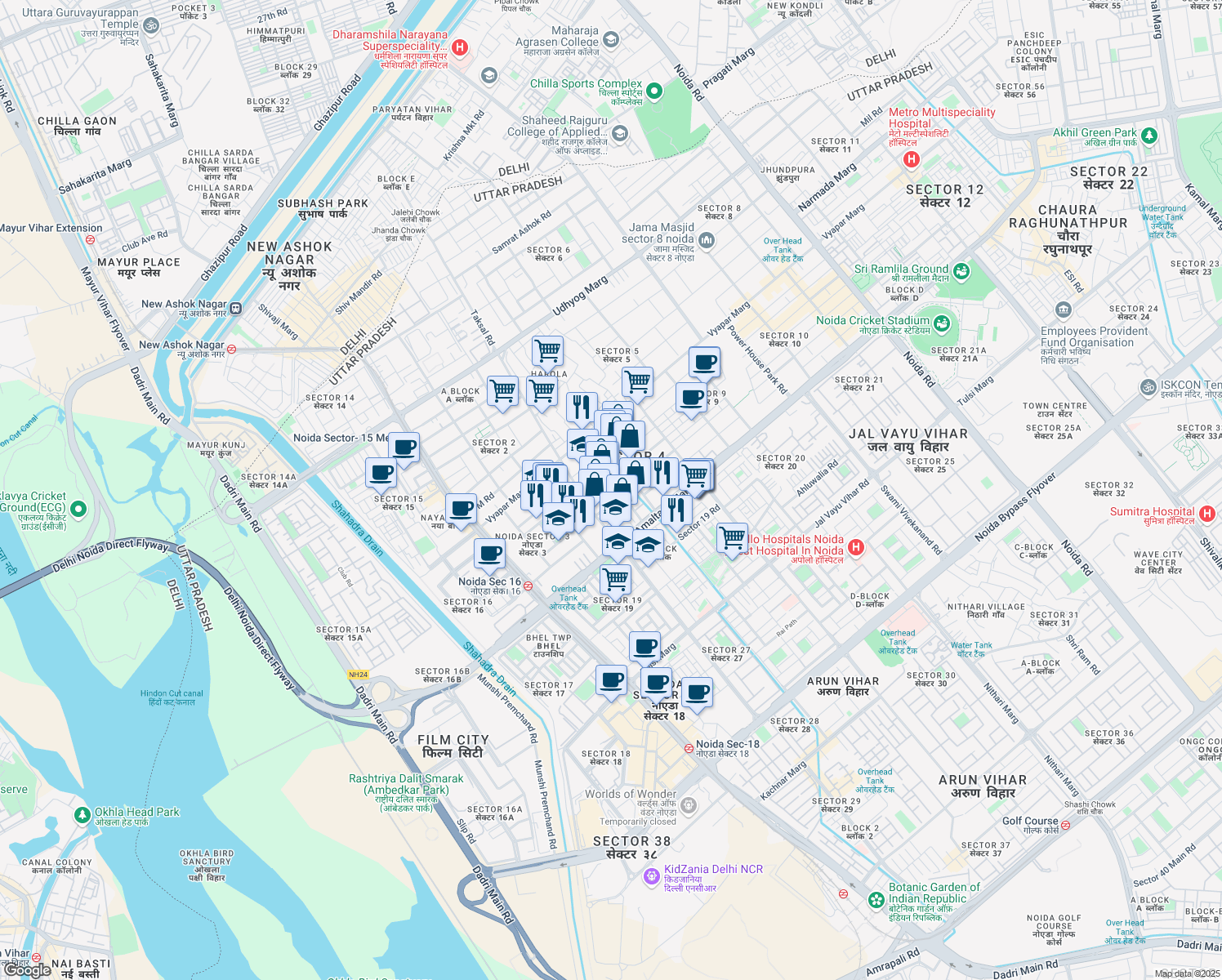 map of restaurants, bars, coffee shops, grocery stores, and more near in Noida