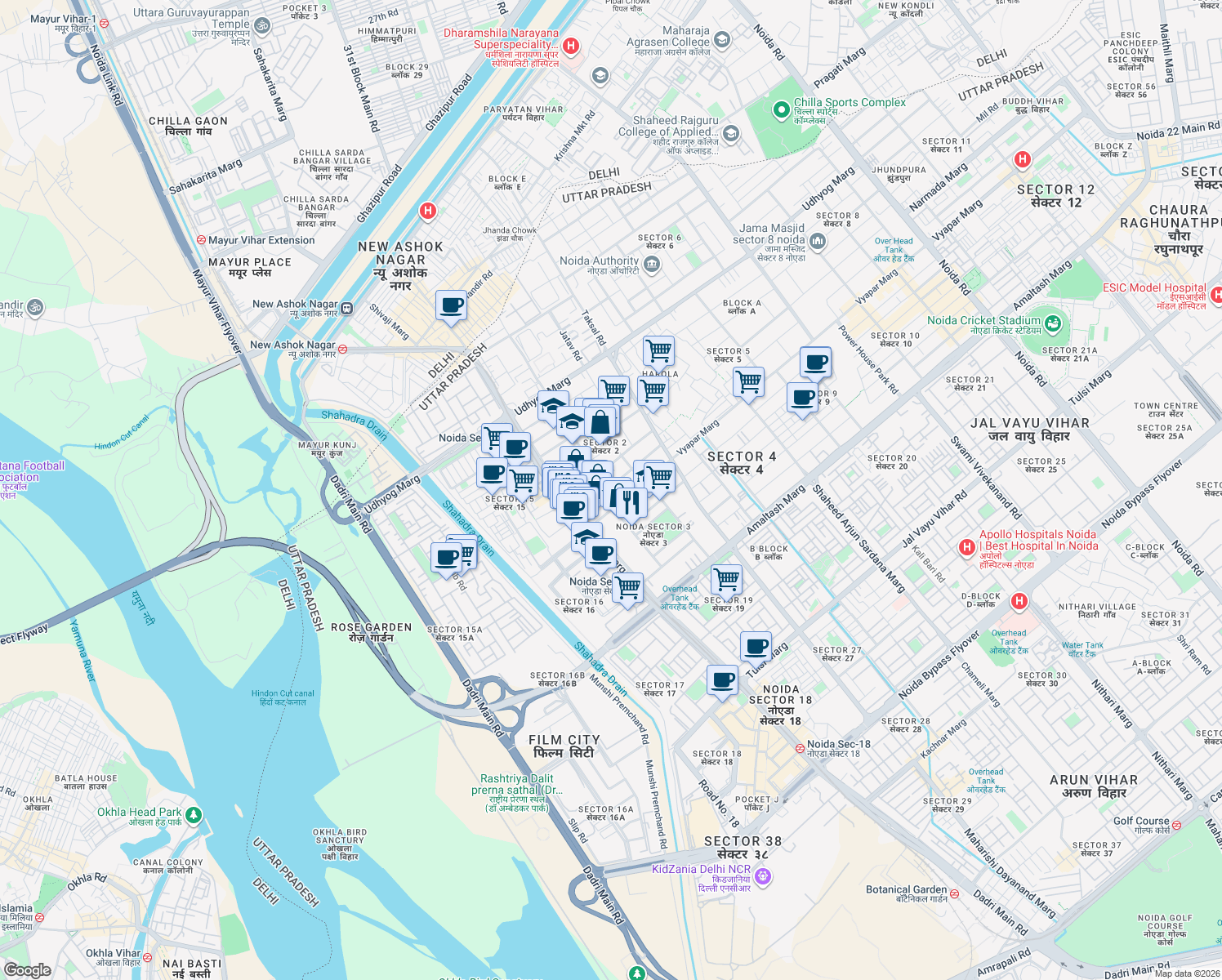 map of restaurants, bars, coffee shops, grocery stores, and more near in Noida