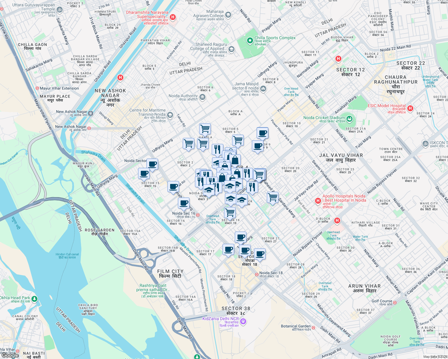 map of restaurants, bars, coffee shops, grocery stores, and more near in Noida
