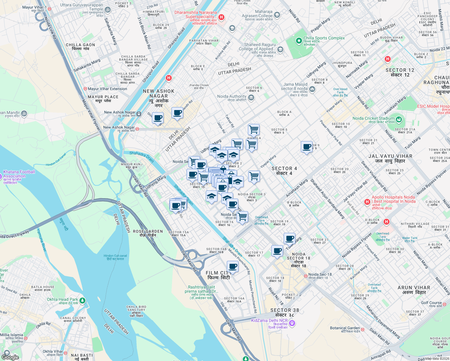 map of restaurants, bars, coffee shops, grocery stores, and more near in Noida