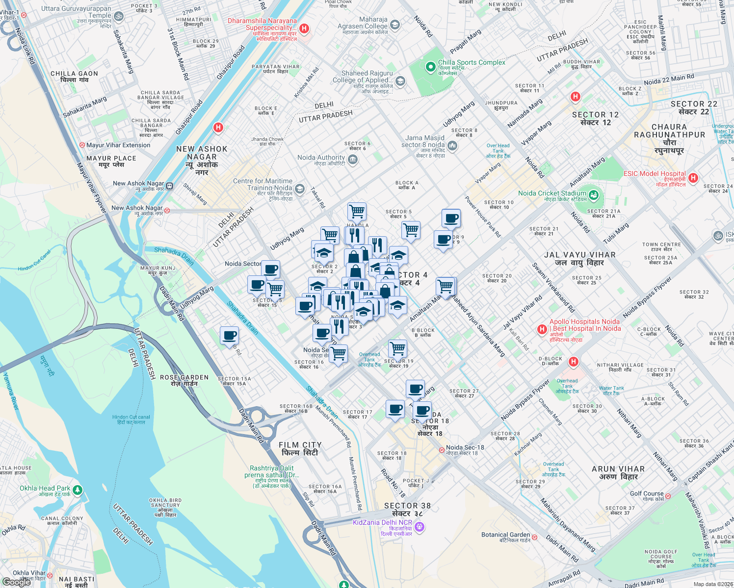 map of restaurants, bars, coffee shops, grocery stores, and more near in Noida