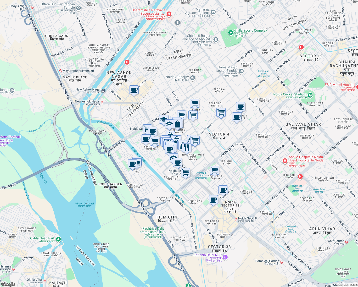 map of restaurants, bars, coffee shops, grocery stores, and more near in Noida