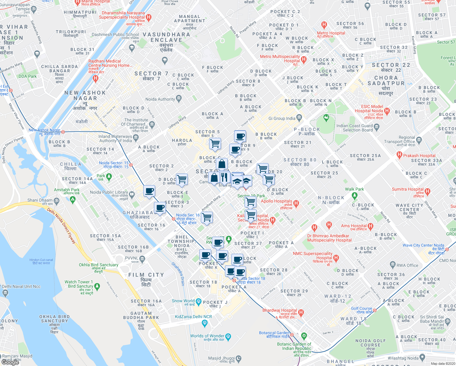 map of restaurants, bars, coffee shops, grocery stores, and more near in Noida