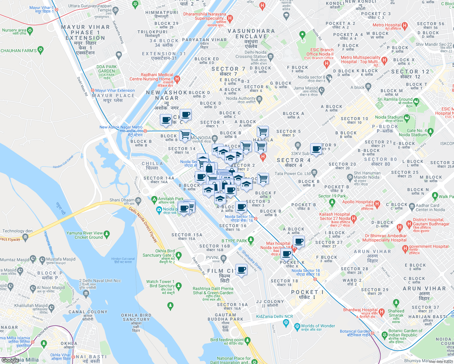 map of restaurants, bars, coffee shops, grocery stores, and more near in Noida