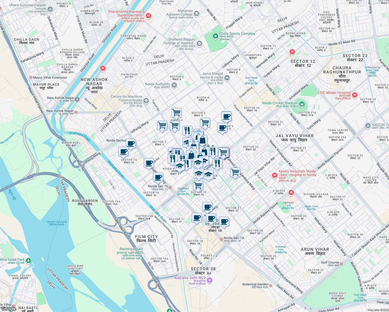 map of restaurants, bars, coffee shops, grocery stores, and more near in Noida