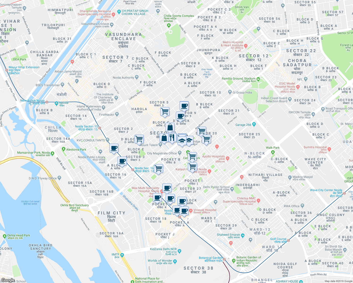 map of restaurants, bars, coffee shops, grocery stores, and more near in Noida