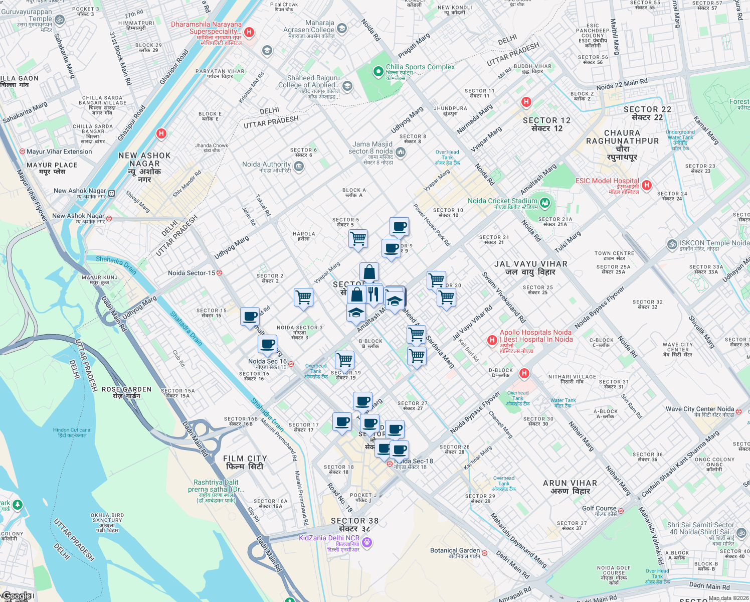 map of restaurants, bars, coffee shops, grocery stores, and more near in Noida