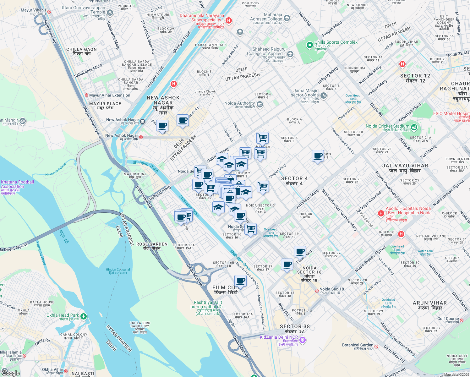 map of restaurants, bars, coffee shops, grocery stores, and more near in Noida