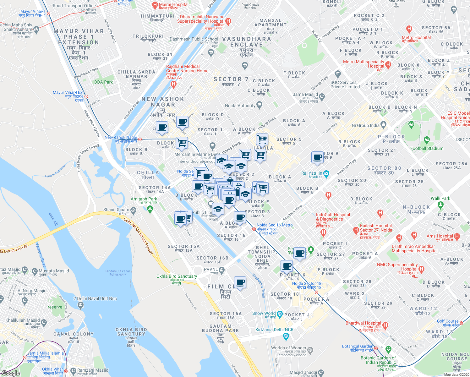 map of restaurants, bars, coffee shops, grocery stores, and more near in Noida