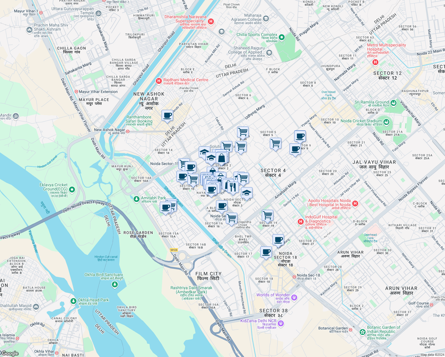 map of restaurants, bars, coffee shops, grocery stores, and more near in Noida