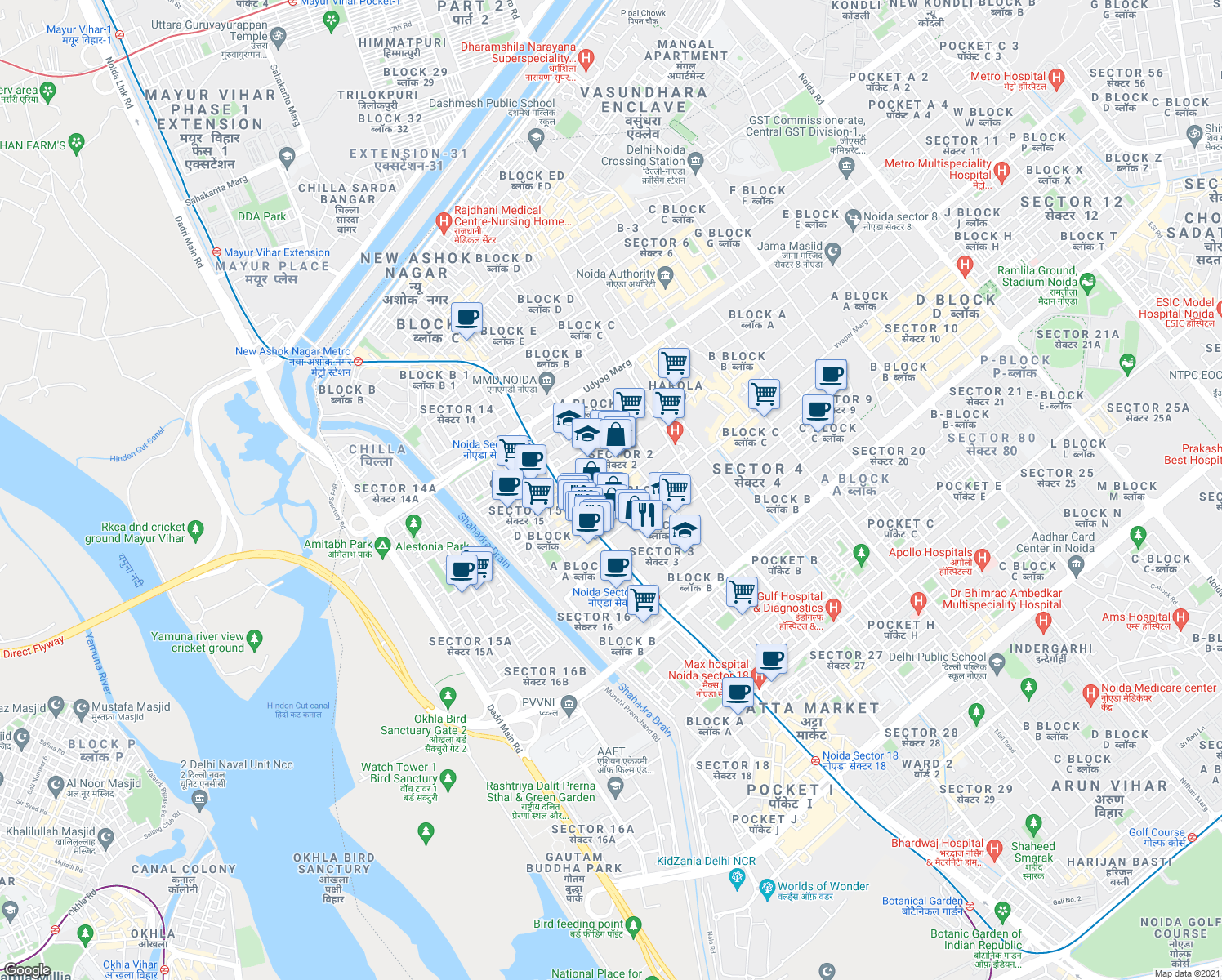 map of restaurants, bars, coffee shops, grocery stores, and more near in Noida
