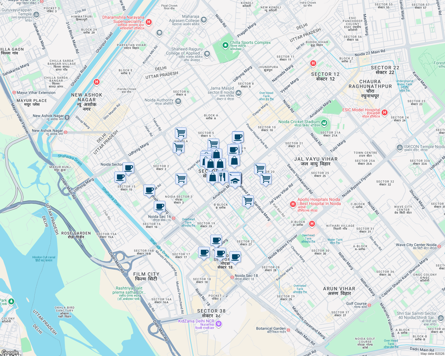 map of restaurants, bars, coffee shops, grocery stores, and more near B-46 Shaheed Arjun Sarona Marg in Noida