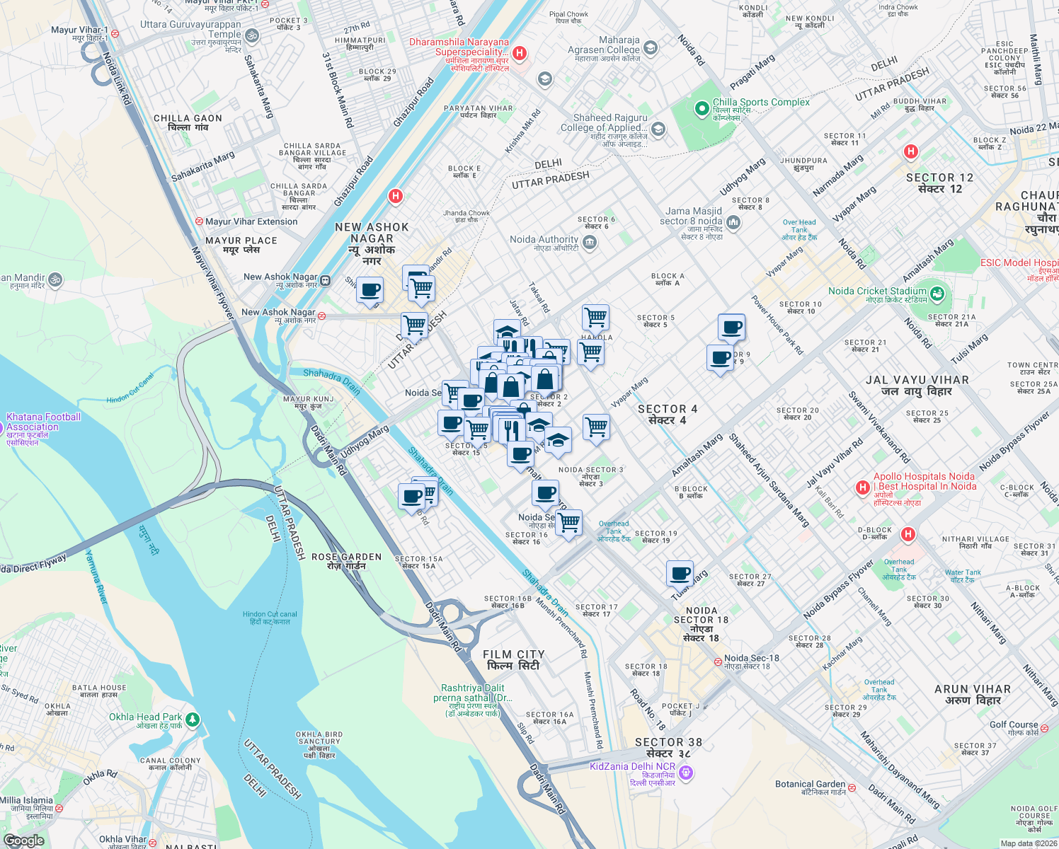 map of restaurants, bars, coffee shops, grocery stores, and more near in Noida