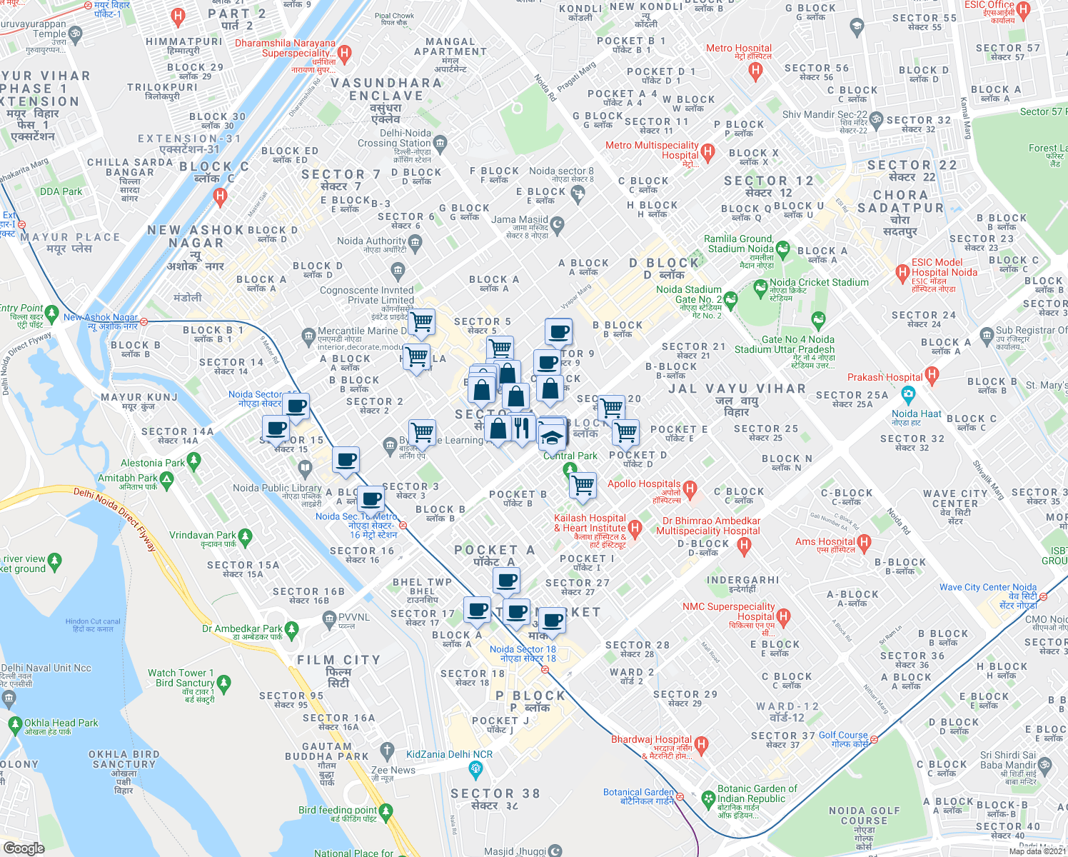 map of restaurants, bars, coffee shops, grocery stores, and more near in Noida