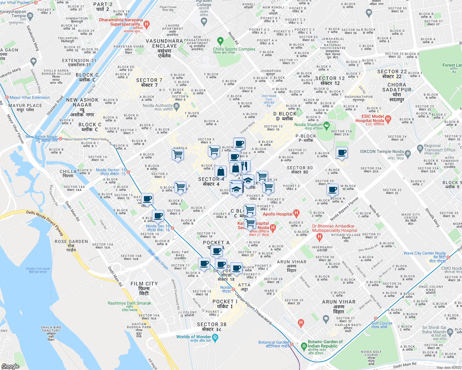 map of restaurants, bars, coffee shops, grocery stores, and more near in Noida