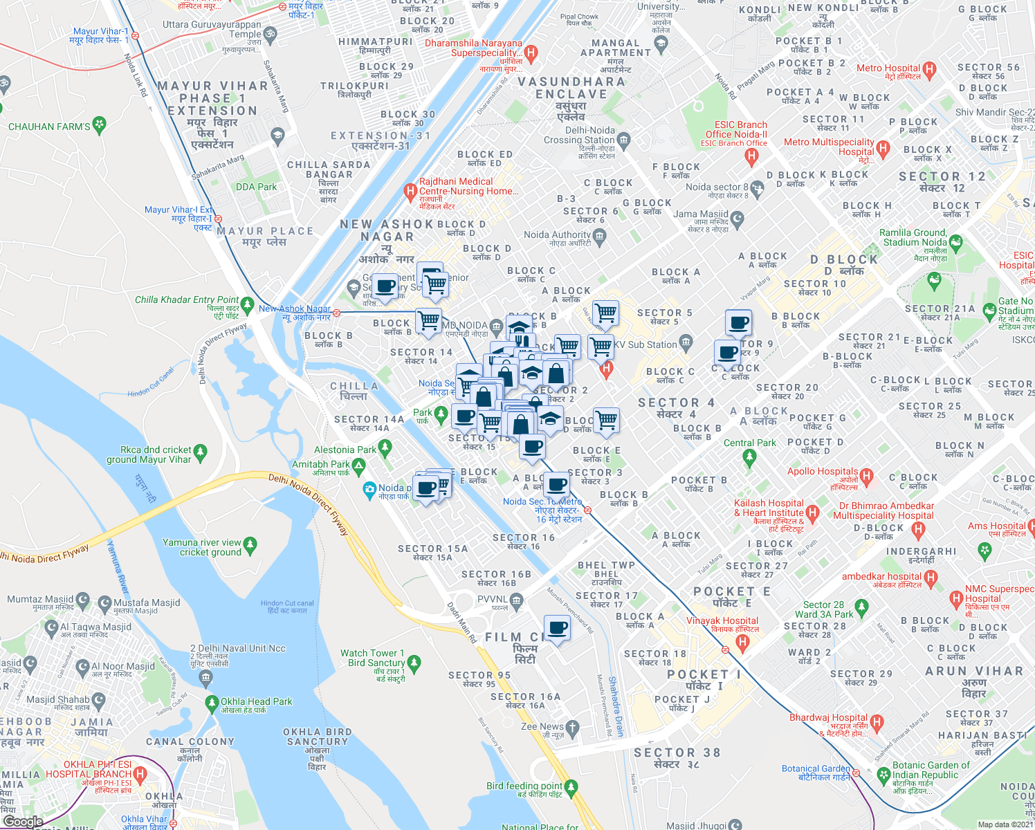 map of restaurants, bars, coffee shops, grocery stores, and more near in Noida