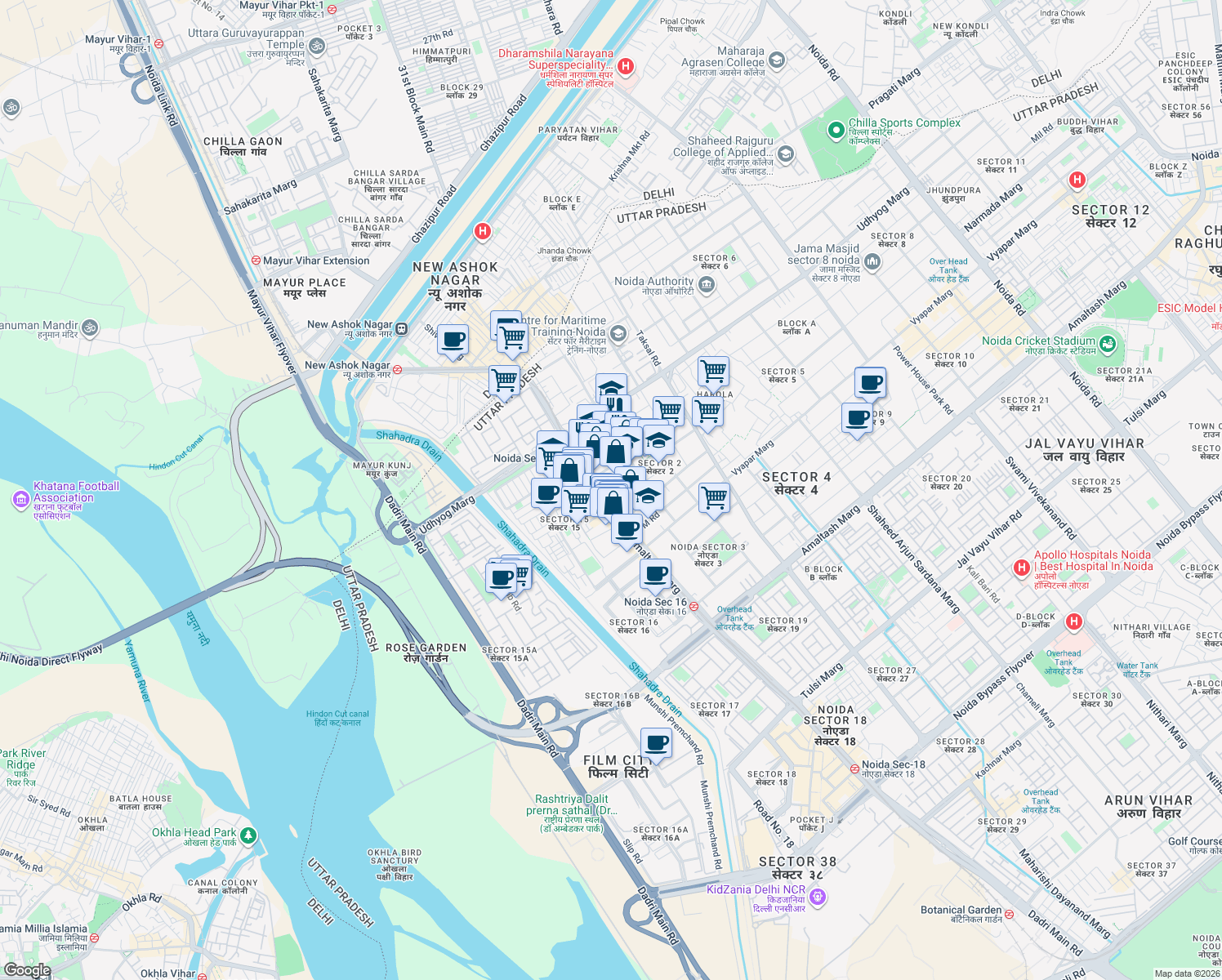 map of restaurants, bars, coffee shops, grocery stores, and more near in Noida