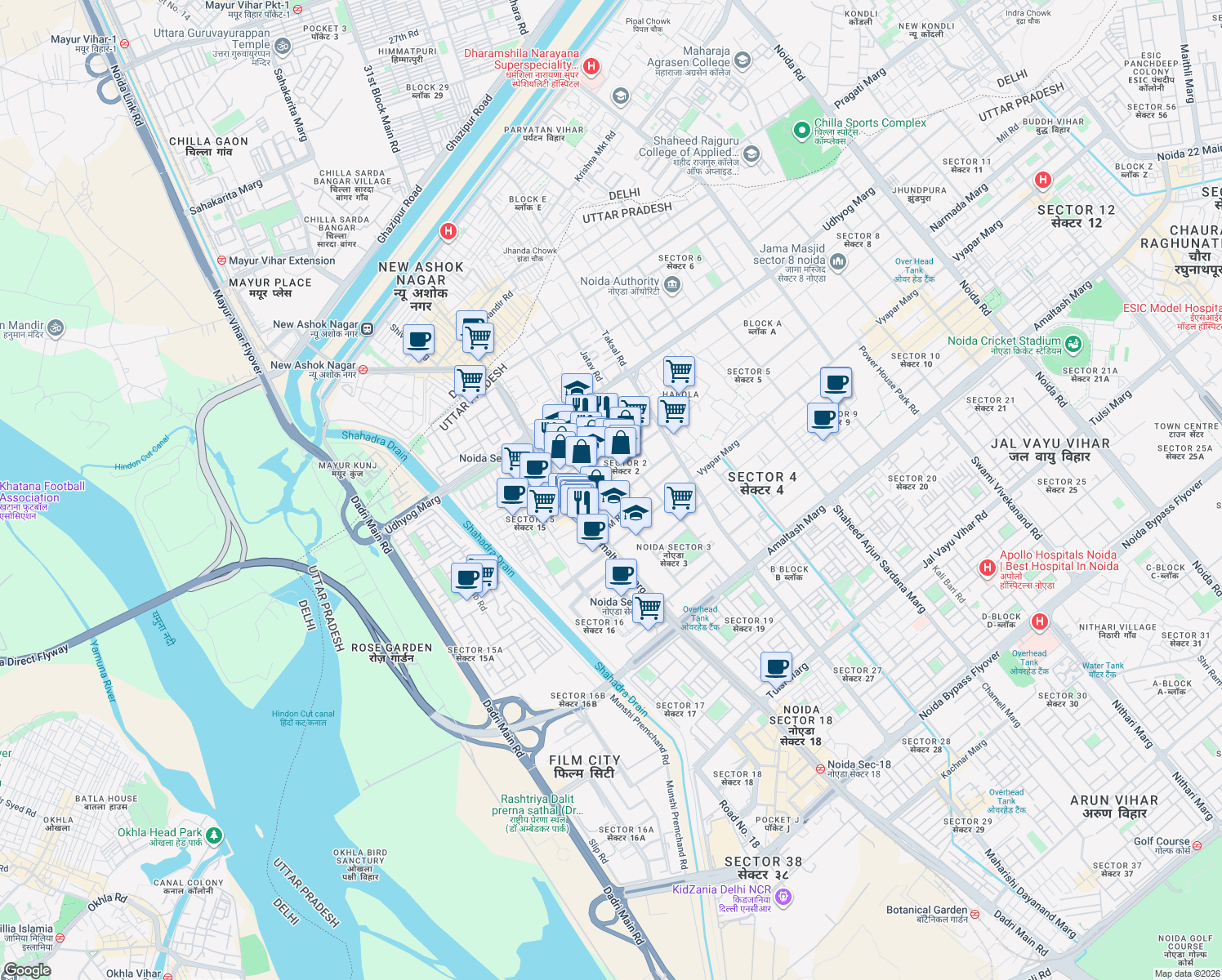 map of restaurants, bars, coffee shops, grocery stores, and more near in Noida