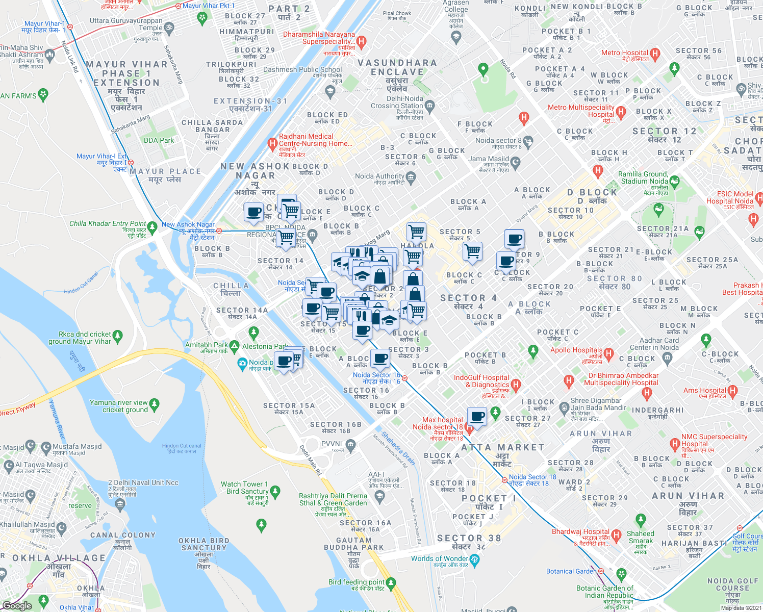 map of restaurants, bars, coffee shops, grocery stores, and more near in Noida