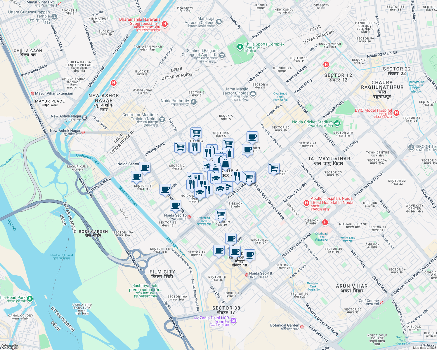 map of restaurants, bars, coffee shops, grocery stores, and more near in Noida