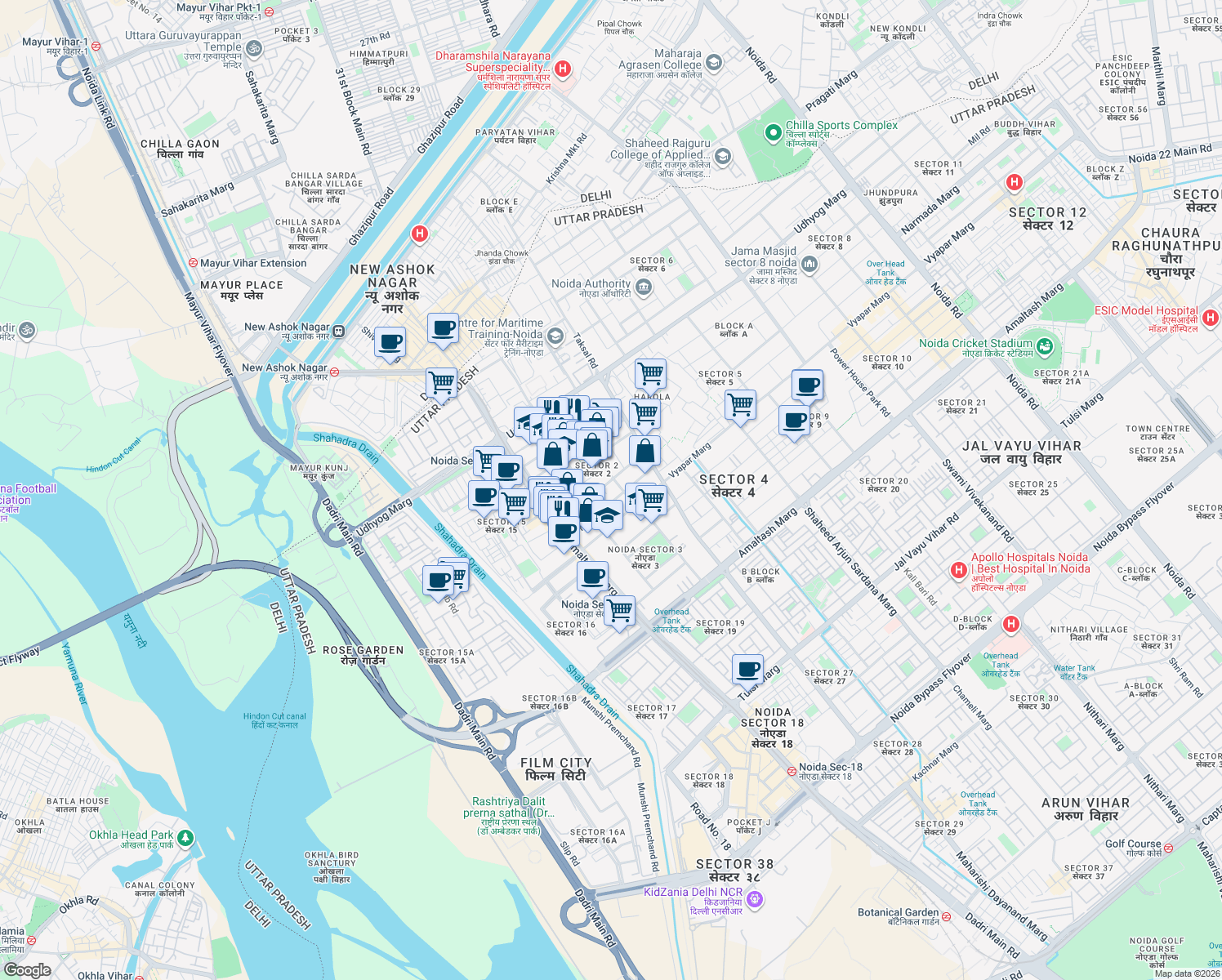 map of restaurants, bars, coffee shops, grocery stores, and more near in Noida
