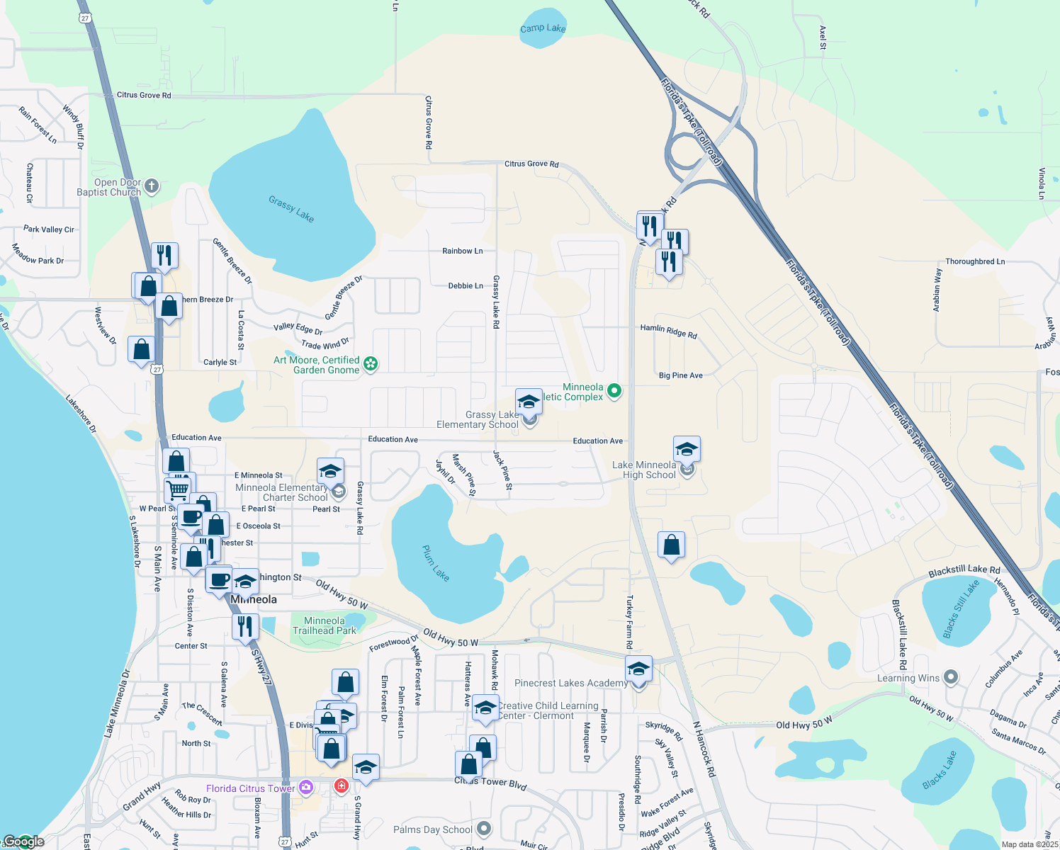 map of restaurants, bars, coffee shops, grocery stores, and more near 1100 Fosgate Road in Minneola