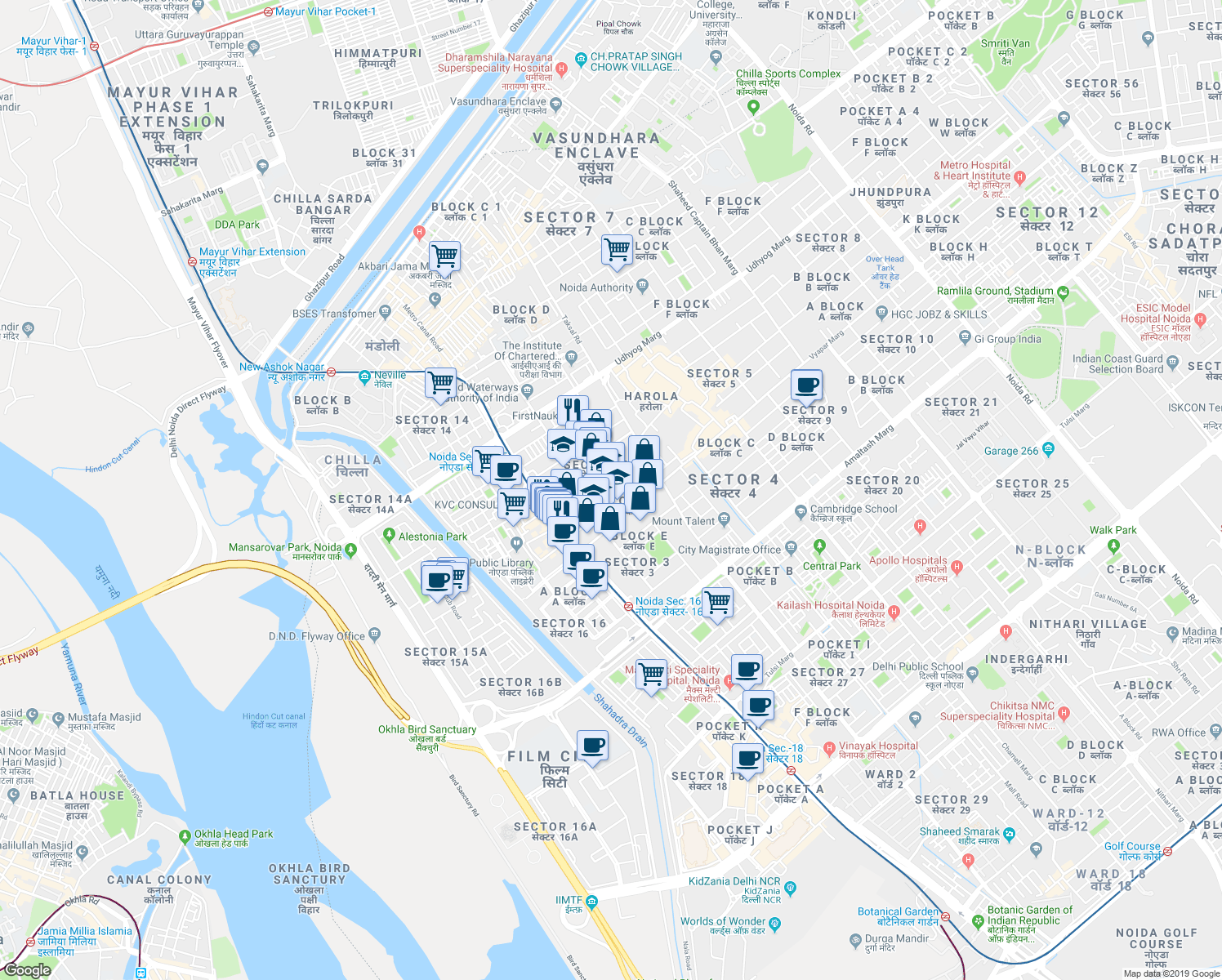 map of restaurants, bars, coffee shops, grocery stores, and more near in Noida