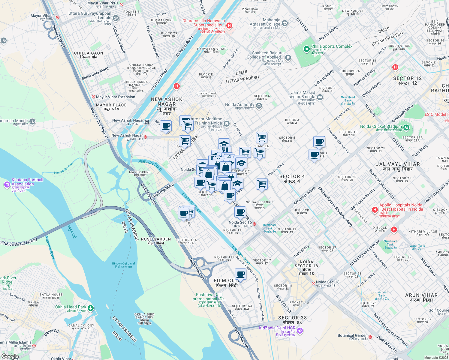 map of restaurants, bars, coffee shops, grocery stores, and more near in Noida