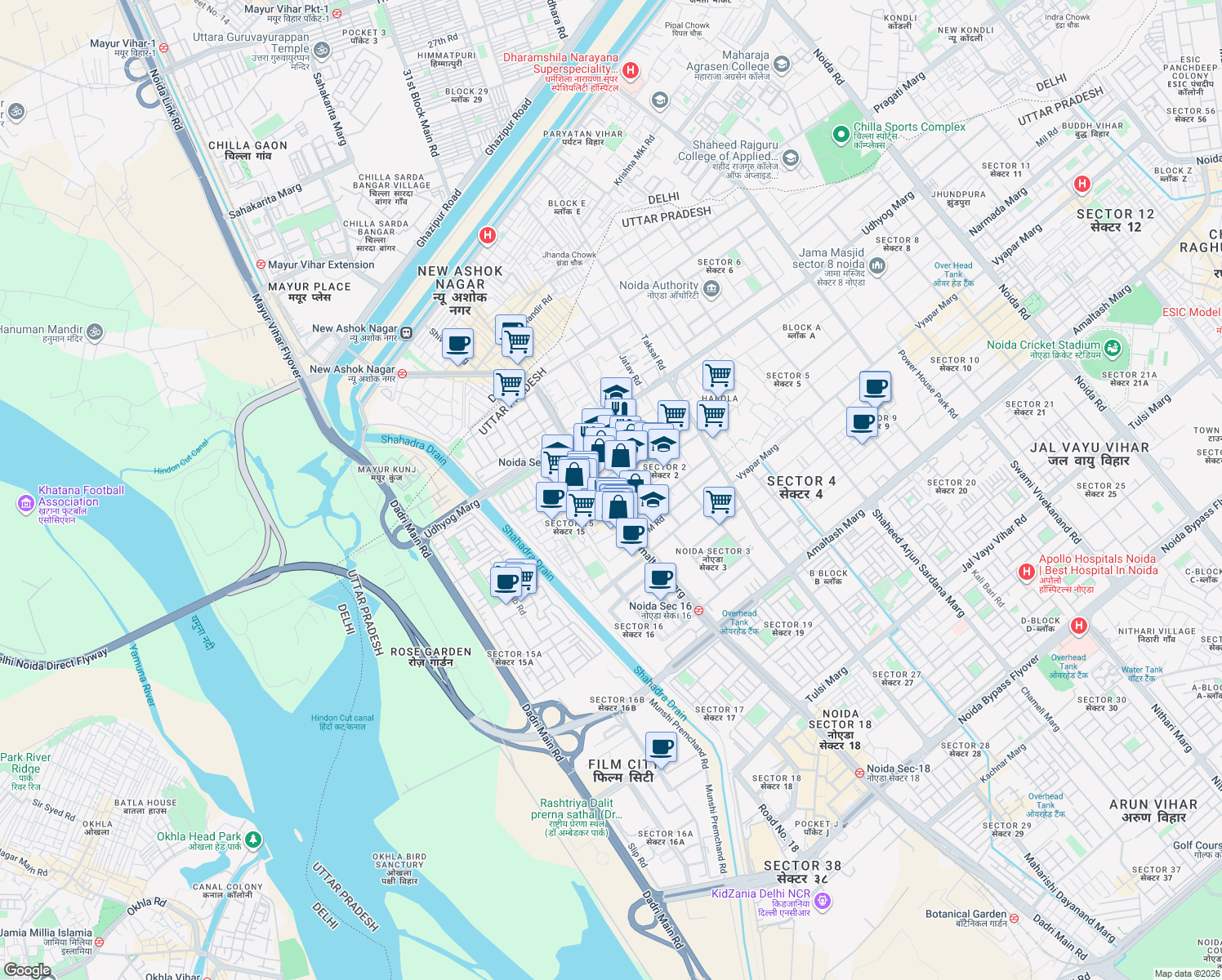 map of restaurants, bars, coffee shops, grocery stores, and more near in Noida