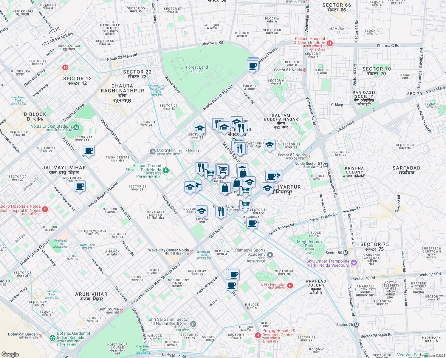 map of restaurants, bars, coffee shops, grocery stores, and more near in Noida