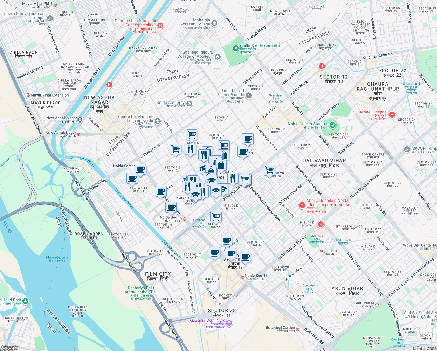 map of restaurants, bars, coffee shops, grocery stores, and more near in Noida
