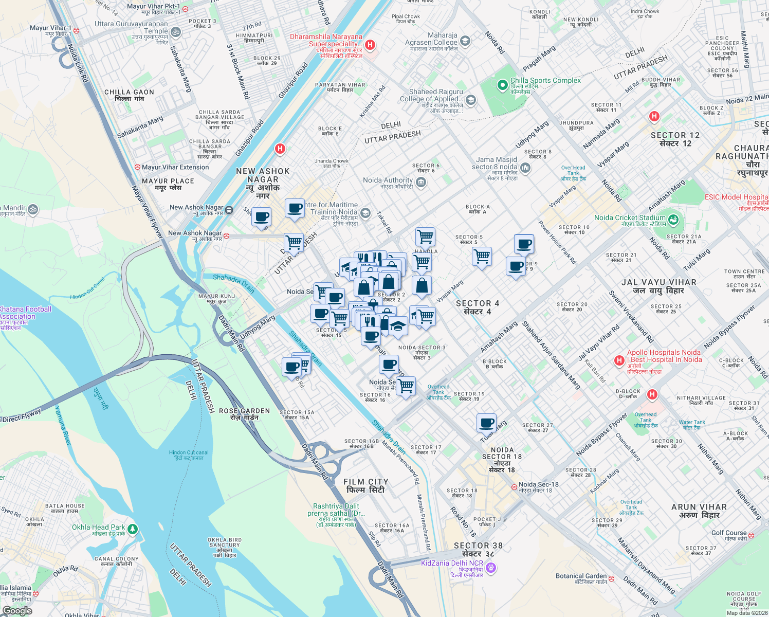 map of restaurants, bars, coffee shops, grocery stores, and more near in Noida