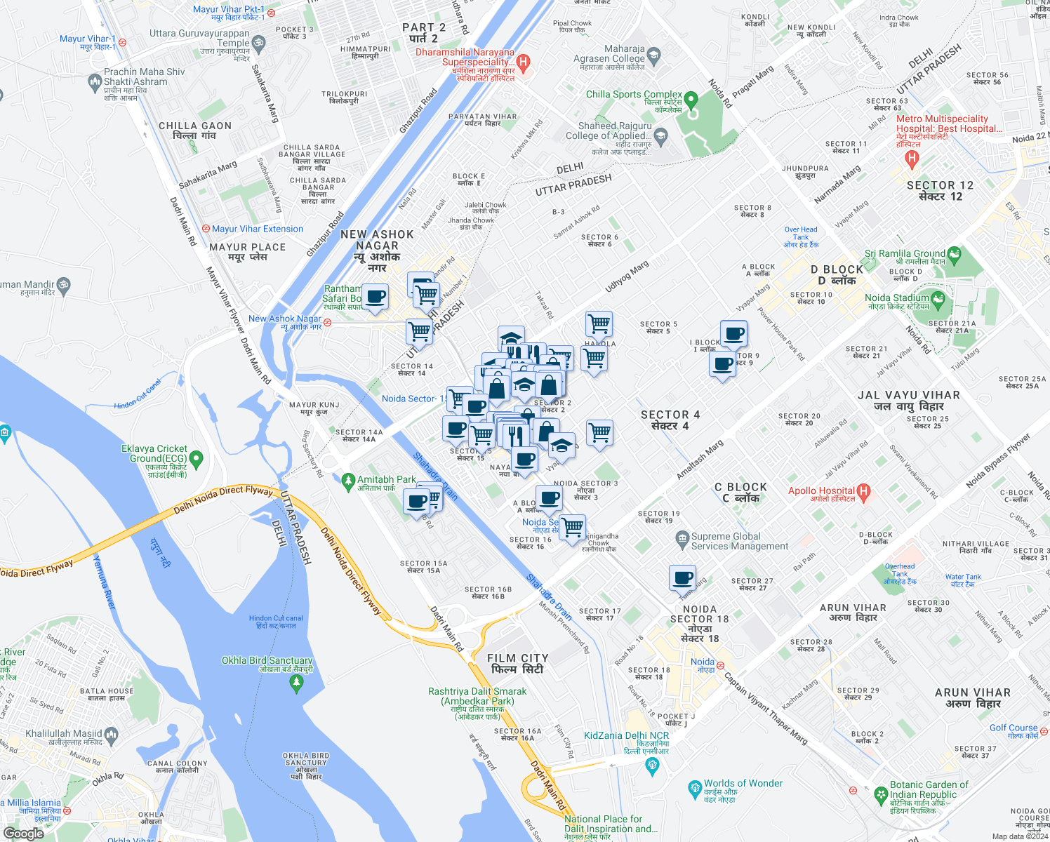 map of restaurants, bars, coffee shops, grocery stores, and more near in Noida