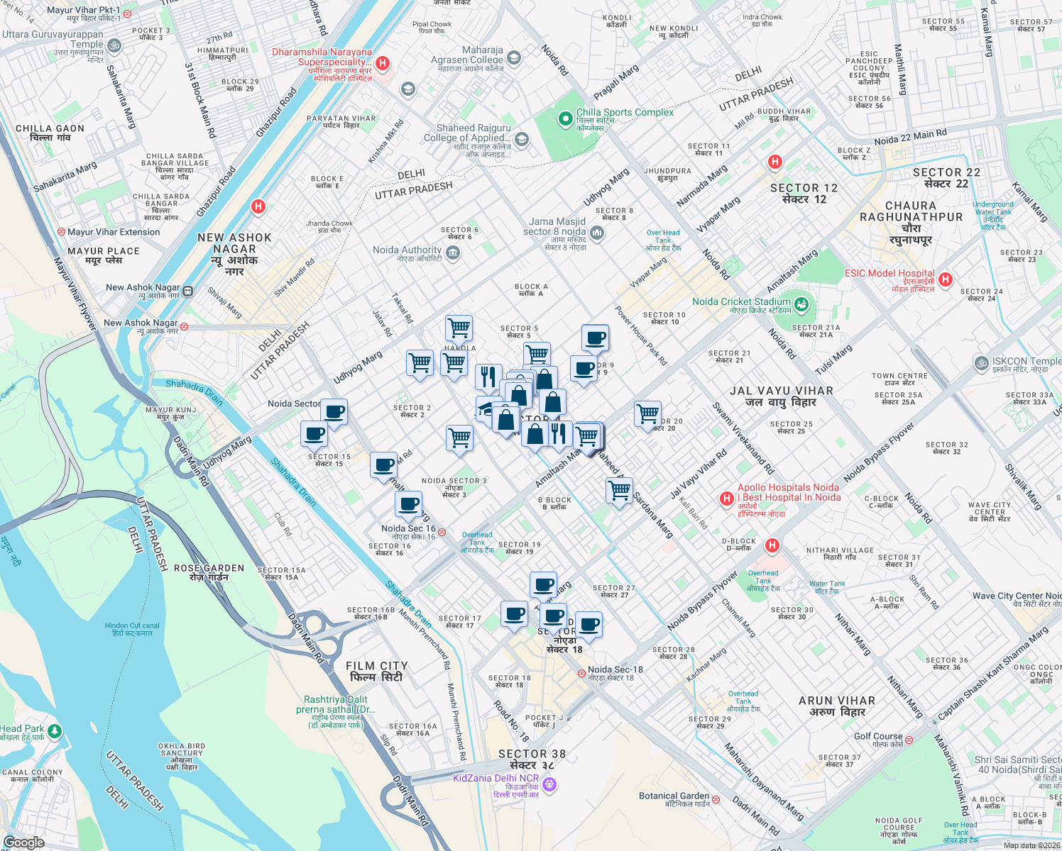map of restaurants, bars, coffee shops, grocery stores, and more near  in Noida