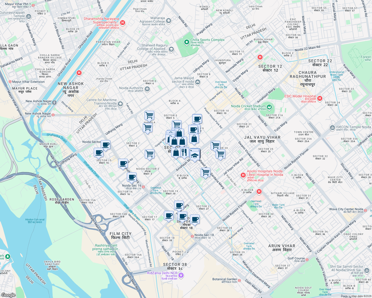 map of restaurants, bars, coffee shops, grocery stores, and more near in Noida