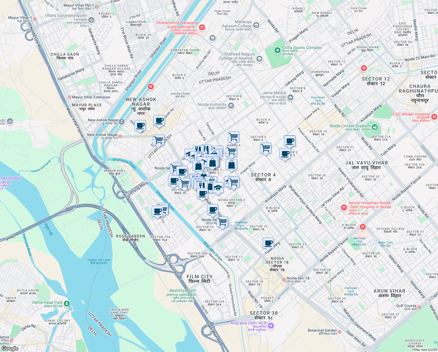 map of restaurants, bars, coffee shops, grocery stores, and more near in Noida