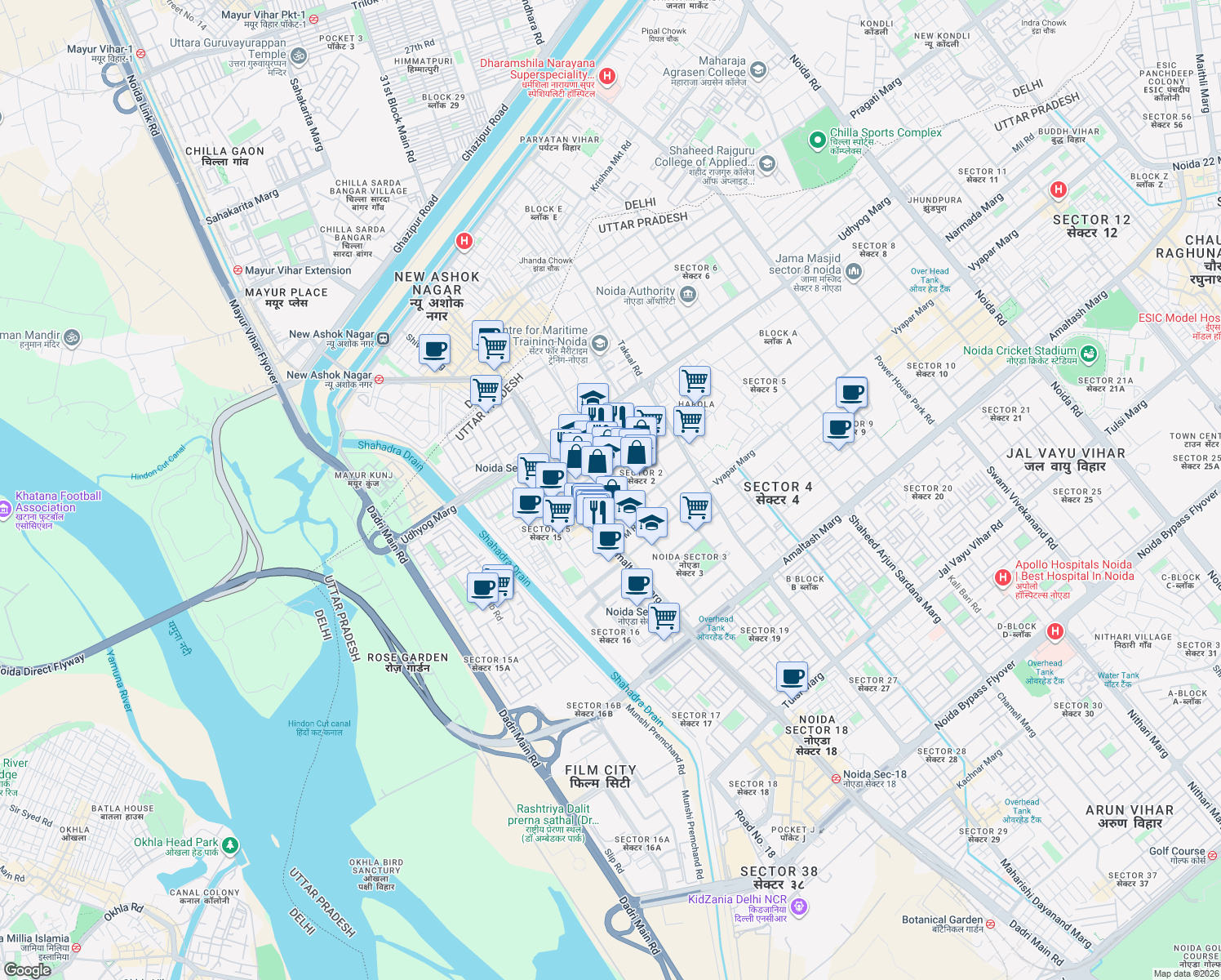 map of restaurants, bars, coffee shops, grocery stores, and more near in Noida