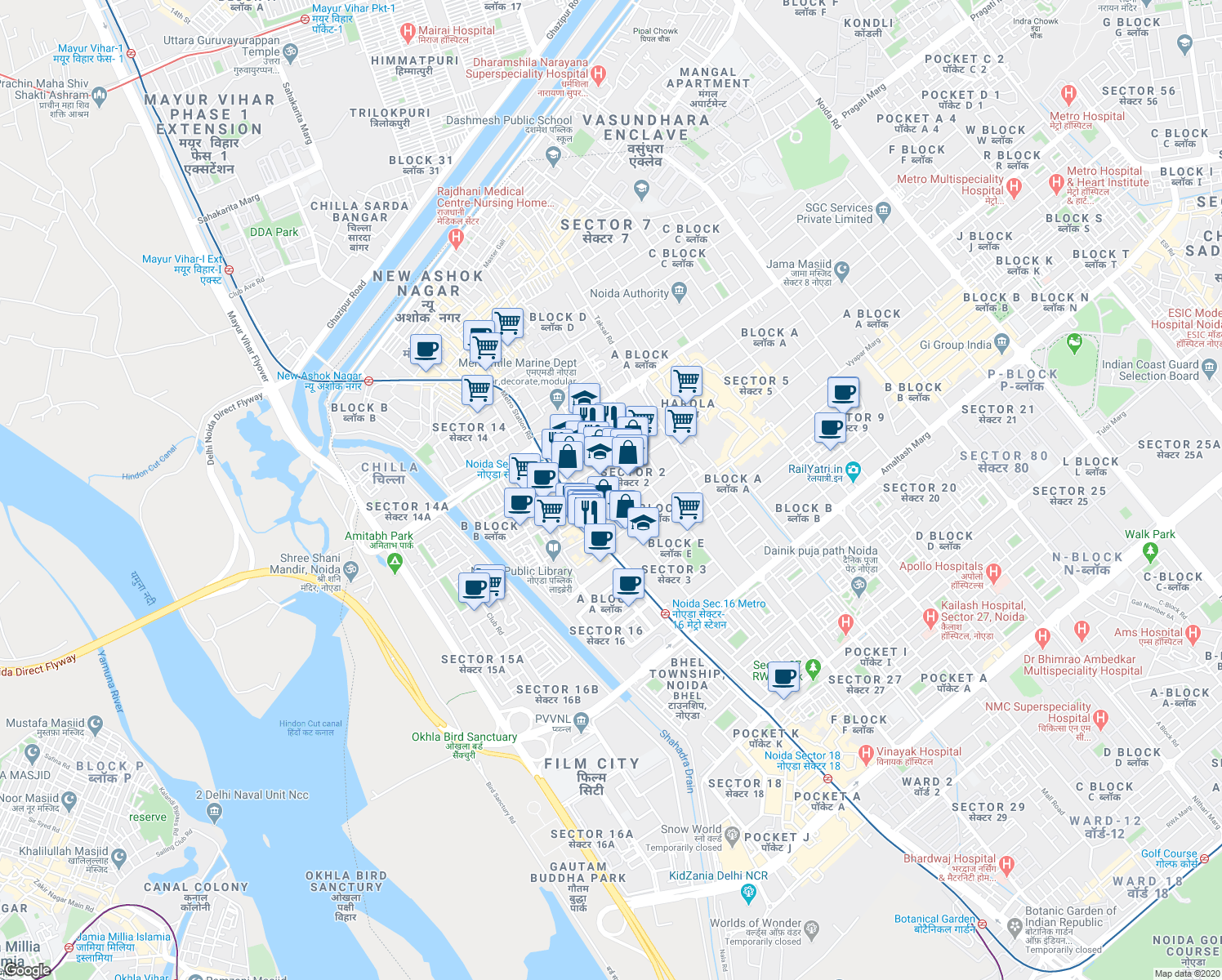 map of restaurants, bars, coffee shops, grocery stores, and more near in Noida