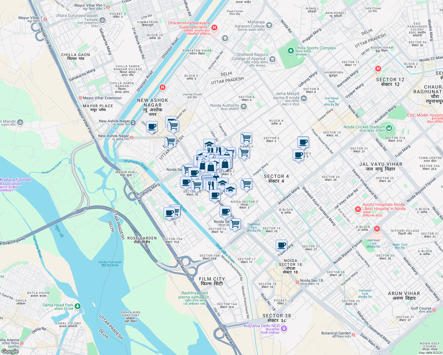 map of restaurants, bars, coffee shops, grocery stores, and more near in Noida