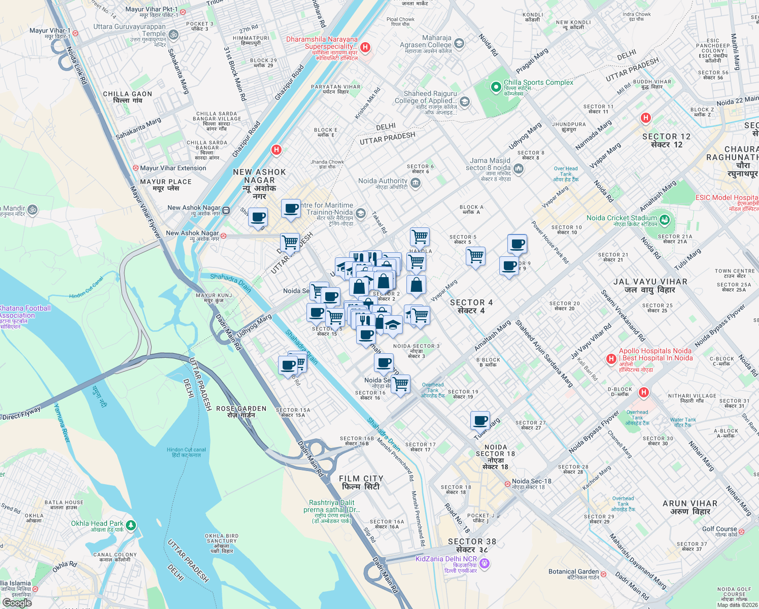 map of restaurants, bars, coffee shops, grocery stores, and more near in Noida