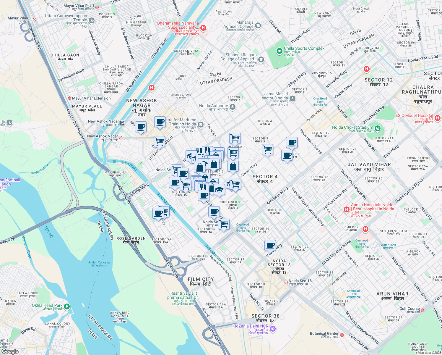 map of restaurants, bars, coffee shops, grocery stores, and more near in Noida