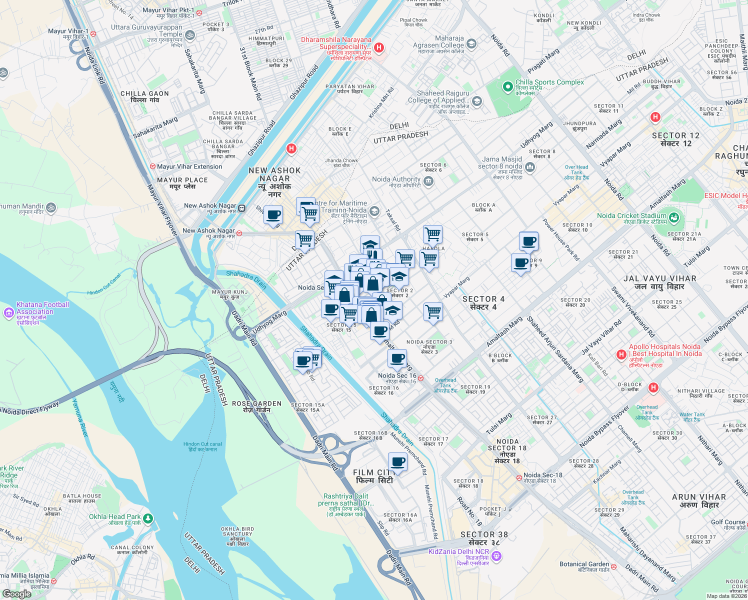 map of restaurants, bars, coffee shops, grocery stores, and more near in Noida