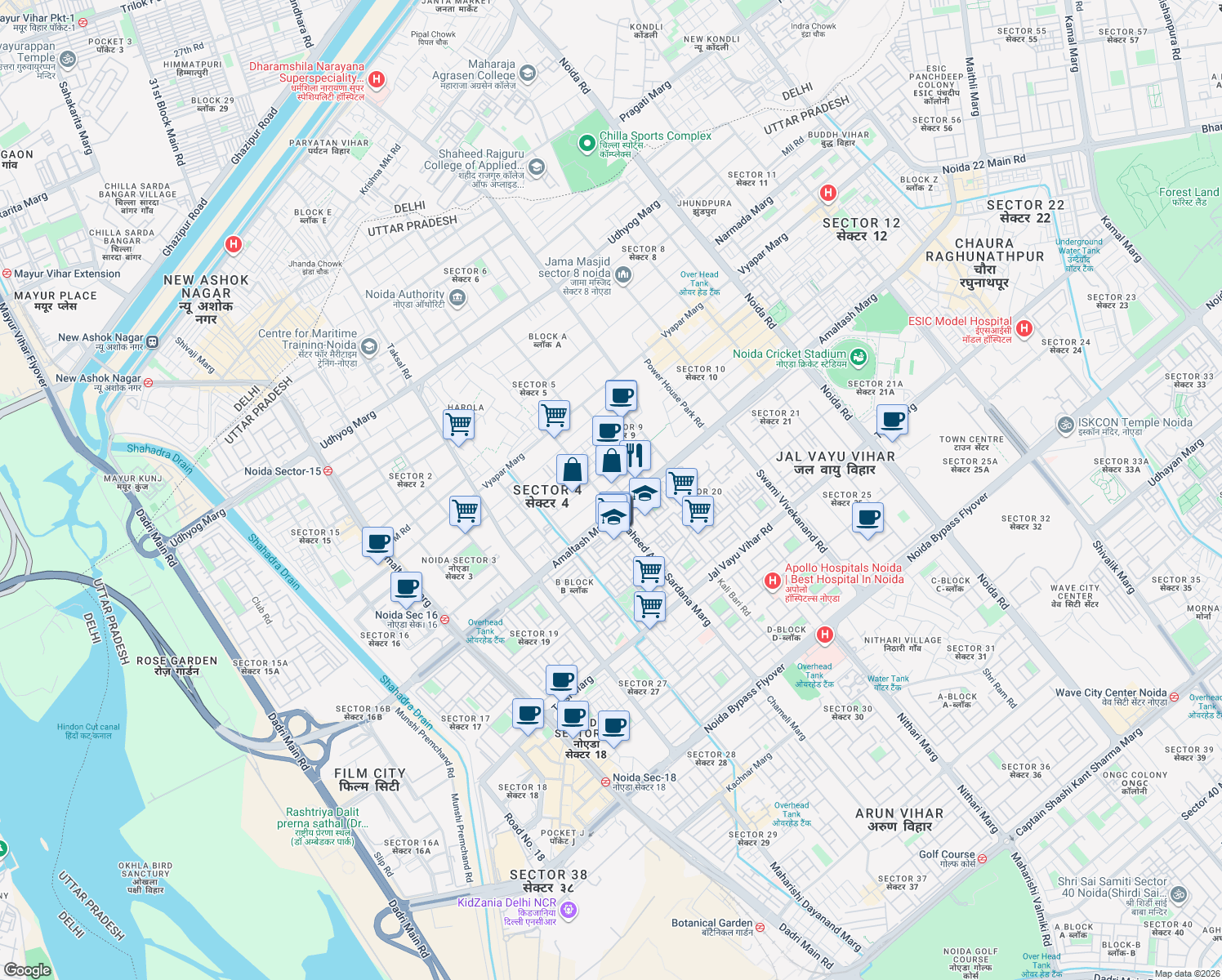 map of restaurants, bars, coffee shops, grocery stores, and more near in Noida