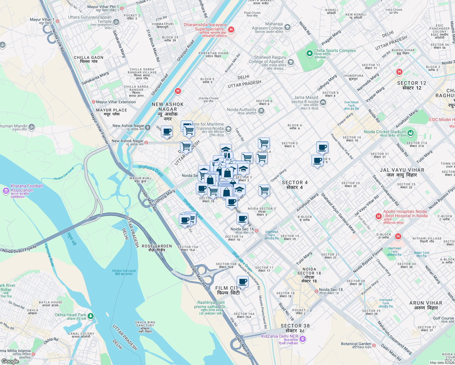 map of restaurants, bars, coffee shops, grocery stores, and more near in Noida