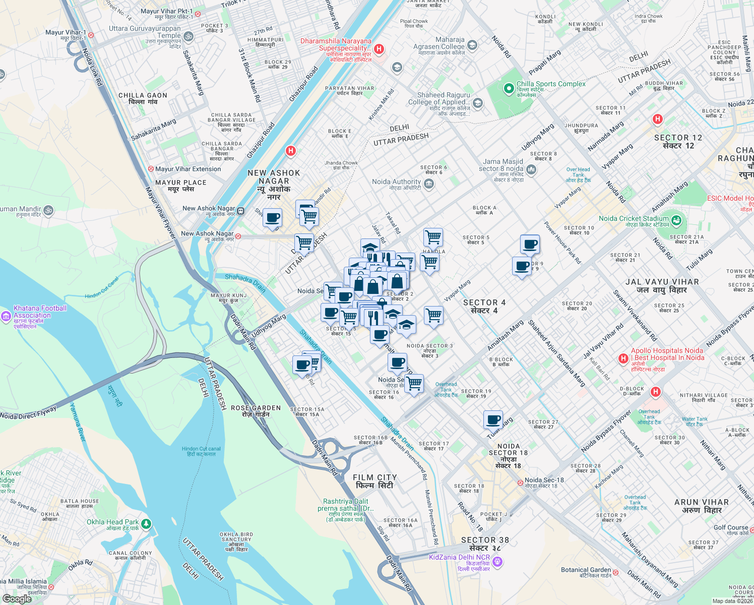 map of restaurants, bars, coffee shops, grocery stores, and more near in Noida
