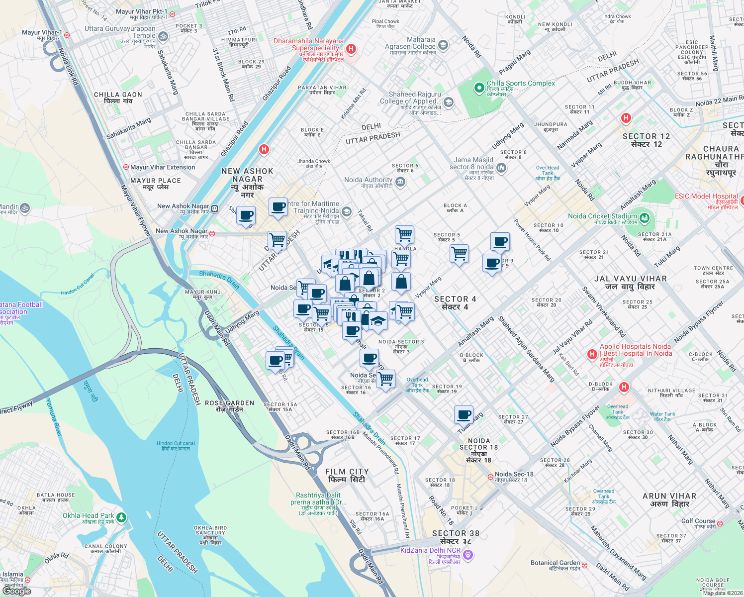 map of restaurants, bars, coffee shops, grocery stores, and more near in Noida