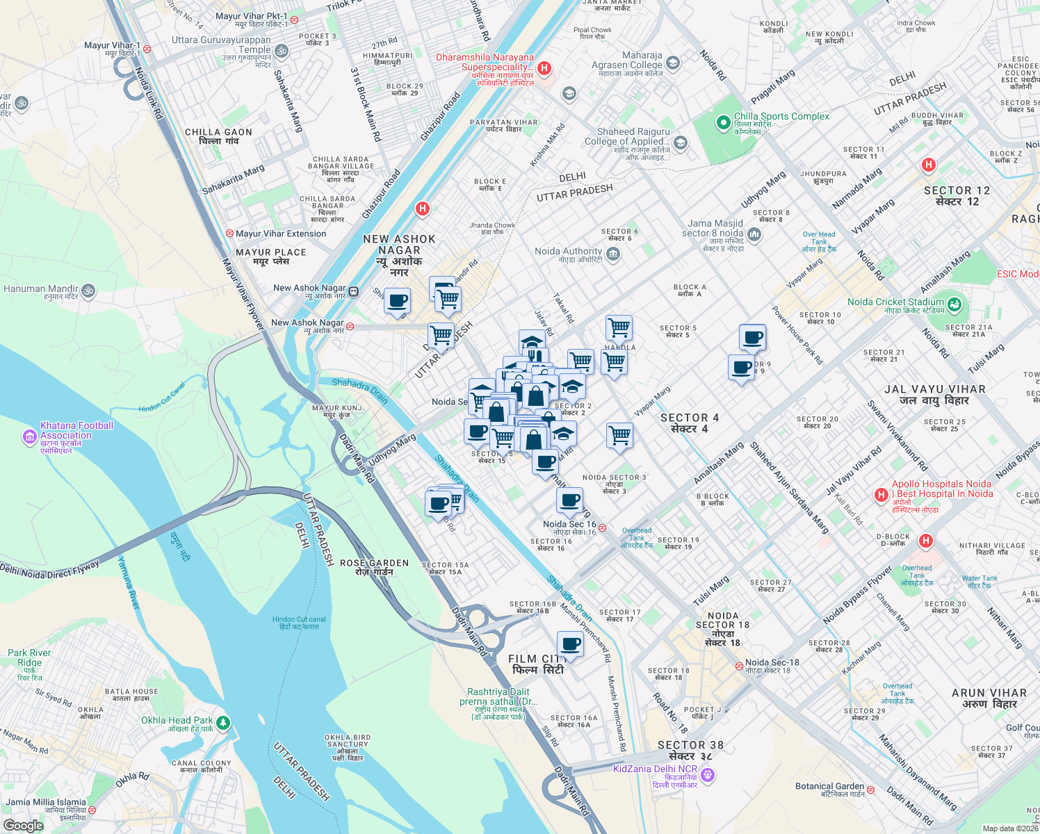 map of restaurants, bars, coffee shops, grocery stores, and more near in Noida