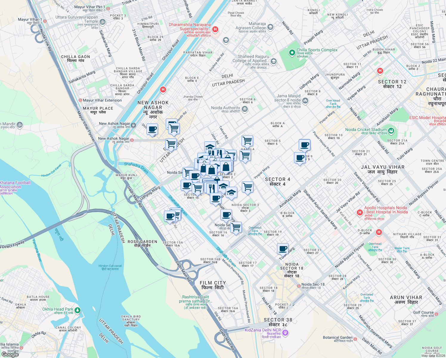 map of restaurants, bars, coffee shops, grocery stores, and more near in Noida